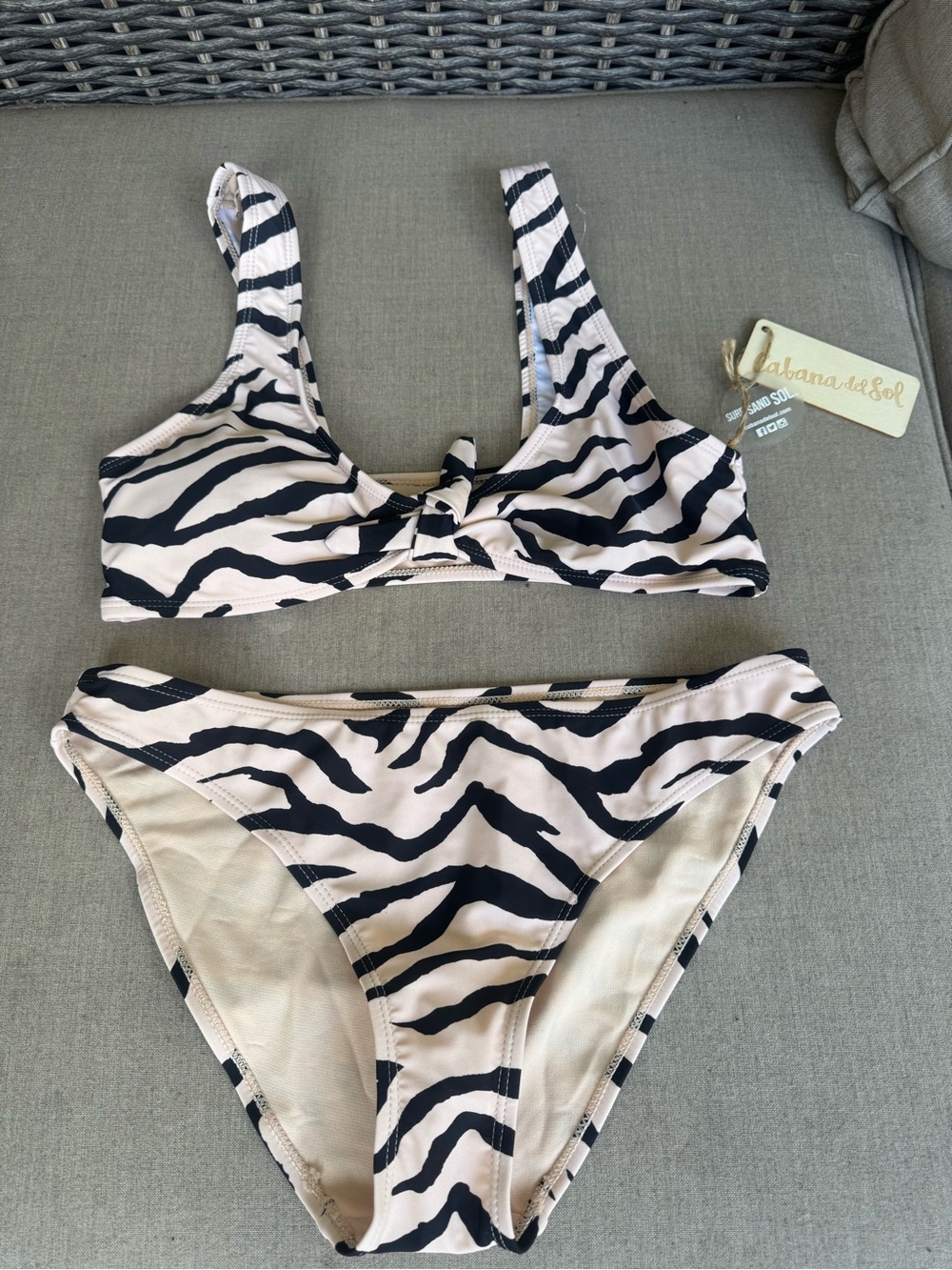 Cabana del Sol, Zebra Print Bikini Set - Black and Cream, Size Large